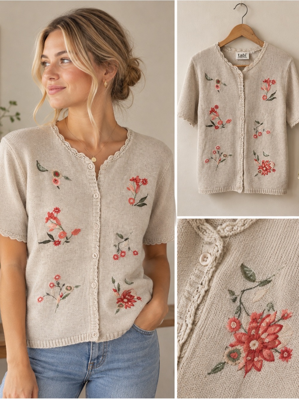 🍂 Tabi 100% Cotton Floral Embroidered Knit Cardigan Short Sleeve Vintage Cottage